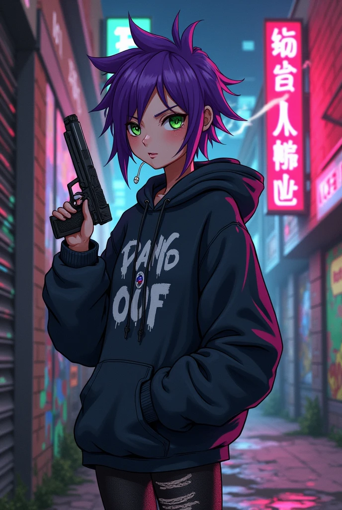 Ghetto sexy anime girl gang member with a Glock and a cigarette with a hoodie and smoking weed