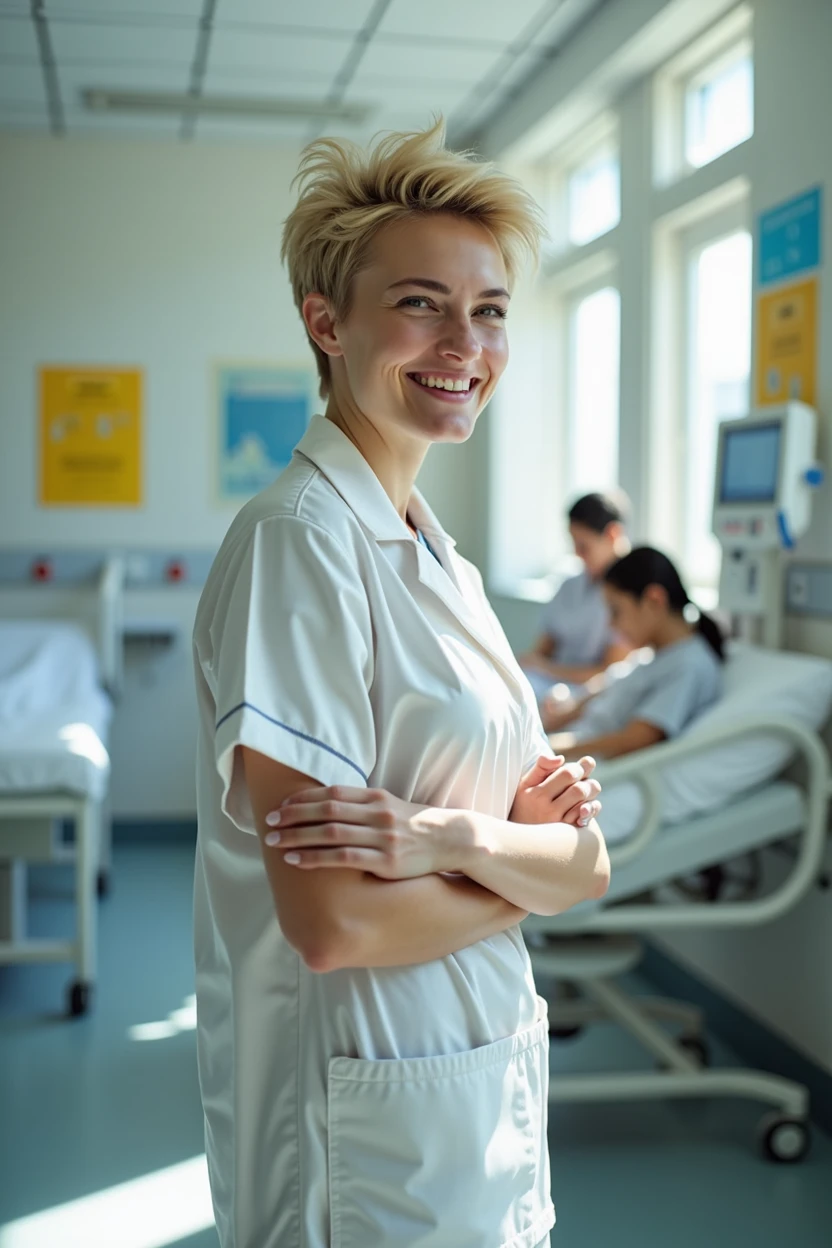 infirmiere adolescente cheveux courts blonds uniforme chambre hopital