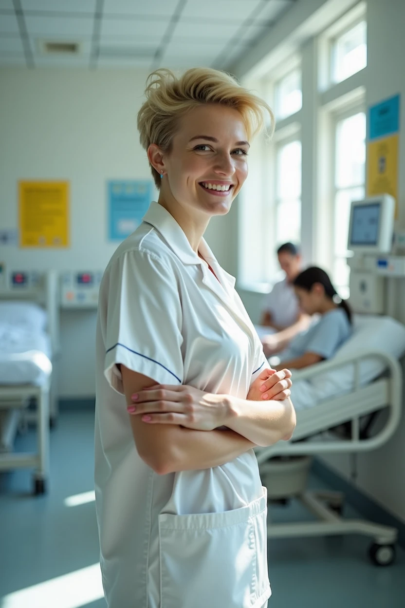 infirmiere adolescente cheveux courts blonds uniforme chambre hopital