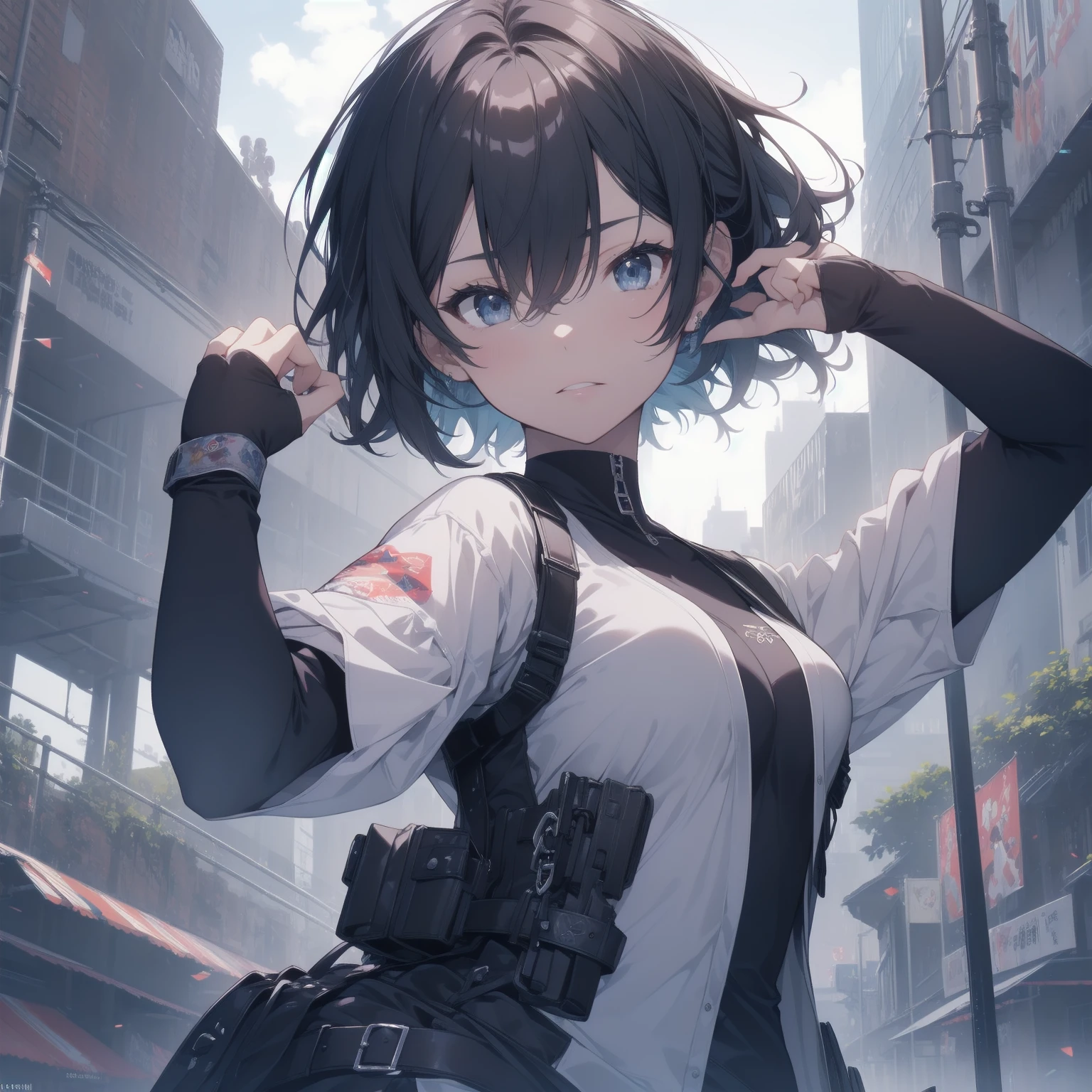 ultra-absurdres-Top quality by artist God, ultra-detailed, high resolution, anime moe artstyle, best anime 8k konachan wallpaper, pixiv contest winner, pool:2810, perfect anatomy,break, 1girl, (Please draw a girl dynamic action on skyscraper alone. )break,(Solo,little female, 16-year-old:1.3),Full limbs, complete fingers, cyberpunk, (very short hair), pixie cut, medium breasts, beautiful (well-shaped) breasts, groin, butt, small black eyes, beautiful detailed eyes, well-proportioned iris and pupils, expressive eyes, highres detailed hair, expressionless, (bodysuit, plugsuit), (Detailed Lighting), (Detailed background), in the cityscape. break,super detailed skin, Best sexual lighting powered by famous artist, 8k,beauty illustration,photoshop_(medium),very aesthetic,break,((artist:izumi_tsubasu )), artist:clamp ,artist:carnelian ,artist:kantoku ,