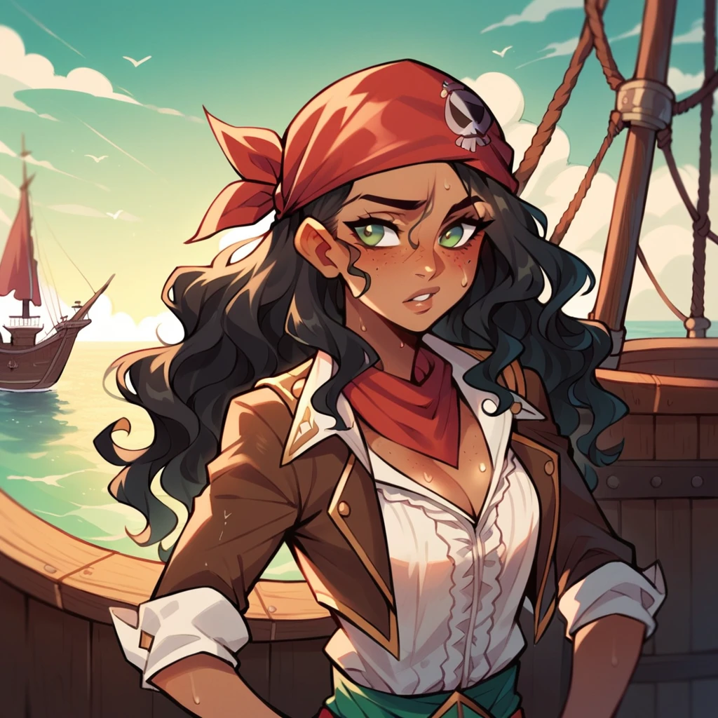 Female, (Dark Tan Skin), black hair, (long wavy hair), green eyes, faint blush and freckles, curious expression, ((pirate inspired outfit)), ((hair wet styled down and wearing bandana), head tilted, fingers to lips, on a boat, pirate ship setting.