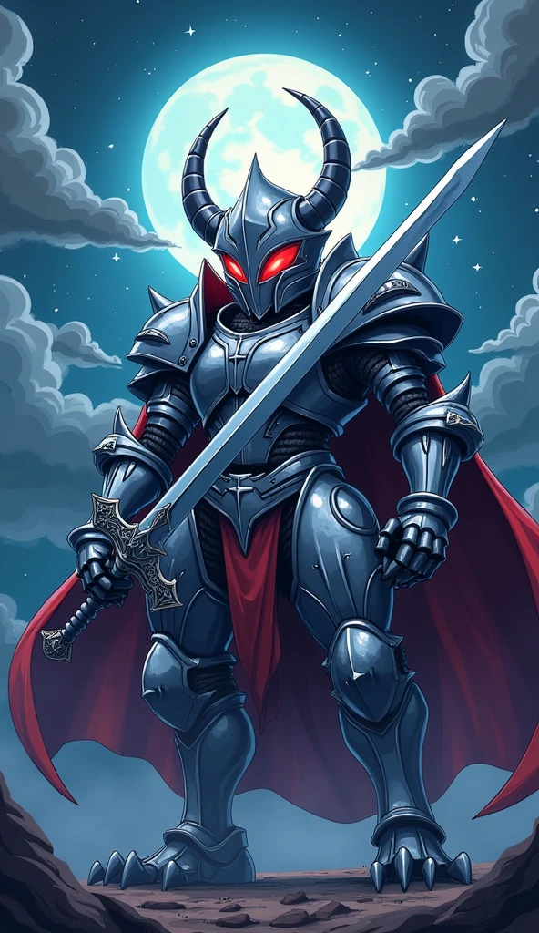 Monster Vampire, red eyes, silver armored and silver helmet armored, silver arms armored, knight sword,
Cartoon anime, 4K, HD