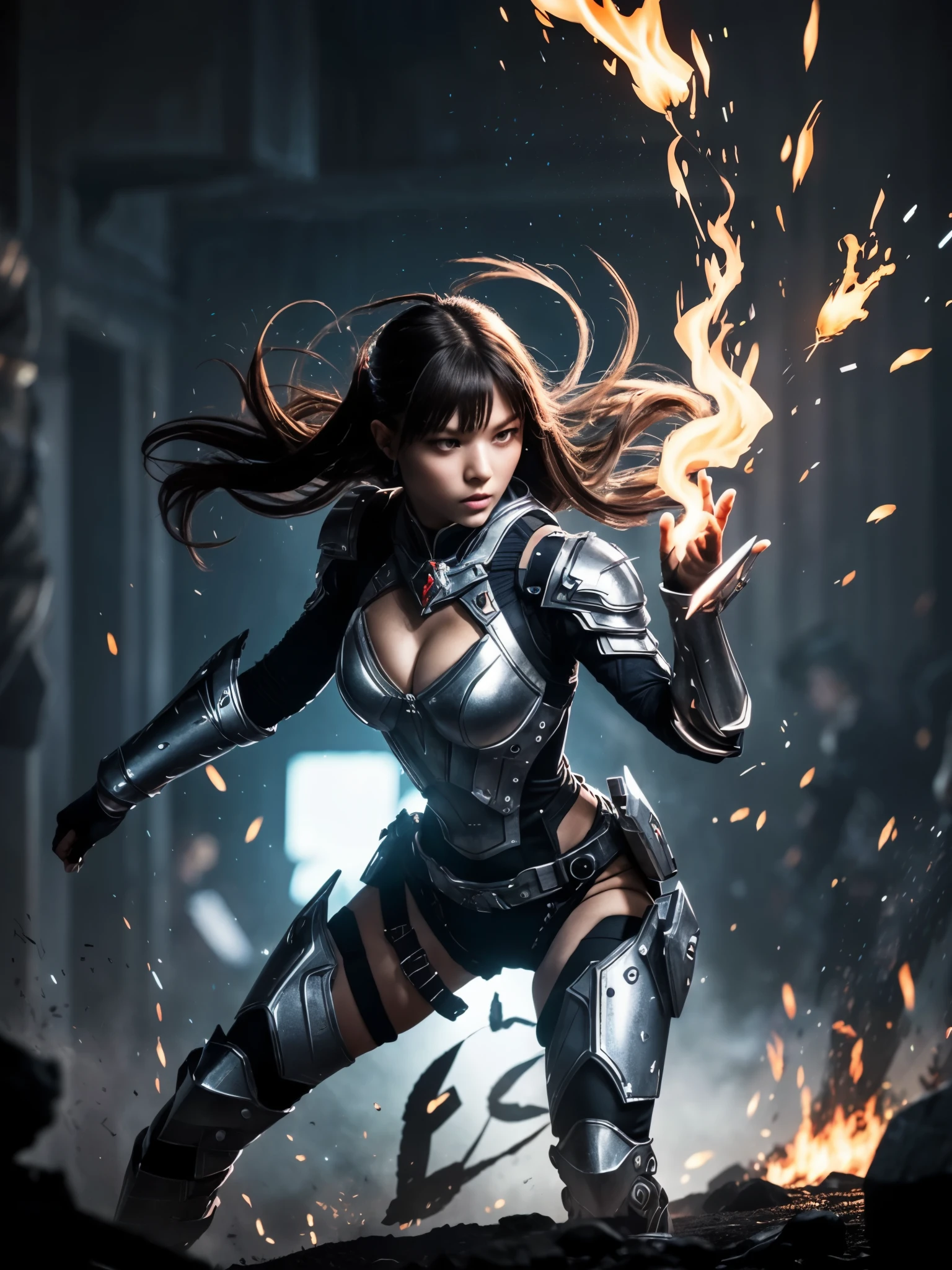 1girl, glowing particles, exoskeleton-like armor, super intricate details, metallic texture, sharp focus, floating fire particles, blurry background, bokeh, high quality, masterpiece, unknown creature, neon pop abstract, cinematic lighting, flowing bubbles, vivid, complex image, powerful and strong, dynamic pose, battle-ready stance, warrior-like presence, gigantic breasts,