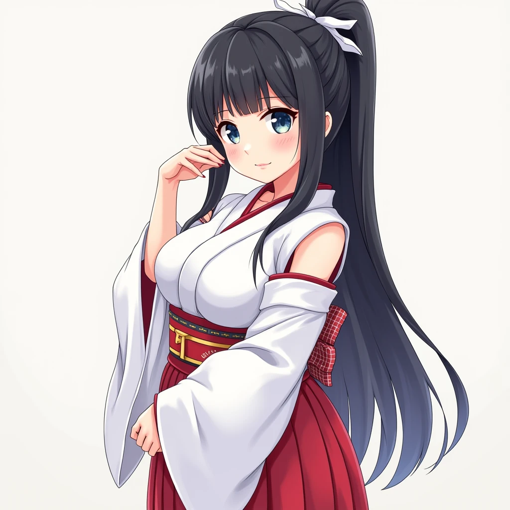 Long straight black hair。
Bangs。She has a ponytail and a white ribbon tied in her hair.。The eyes are a bluish black。
They have a relaxed expression.。
The breasts are enormous and about to burst out of the clothes.。
The buttocks are also big。
Miko costume。Unbuttoned。
