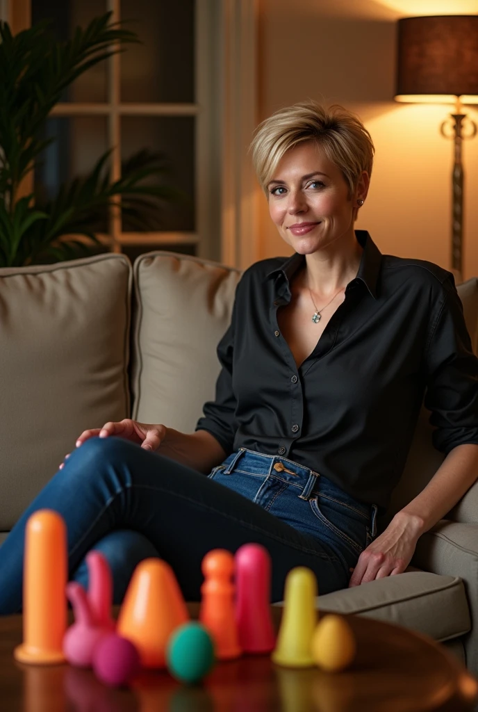 short blonde haire. She has an hourglass figure, massive breasts. ,Wide hips (implants), Prominent buttocks (implants). She's fully clothed, not naked or topless.
Warm interior of her home, with subdued lighting creating an intimate, welcoming ambience.
Woman seated on a comfortable sofa, dressed in a shirt, skinny jeans that show off her figure, and stilettos that add a touch of sophistication
Coffee table in front of her, carefully arranged with a selection of penis penis dildos in various shapes, vibrant colors and textures
She presents each piece with a knowing smile, confidently explaining the particularities and uses of each model
In a relaxed atmosphere, she shares amusing anecdotes and tips on exploring sensuality, creating a genuine connection with her audience
Light-hearted and fun exchanges, she encourages questions, making the experience interactive and engaging, while emphasizing the importance of self-knowledge and pleasure
An authentic moment of sharing, celebrating freedom of expression and personal fulfillment in a cosy, stylish setting.