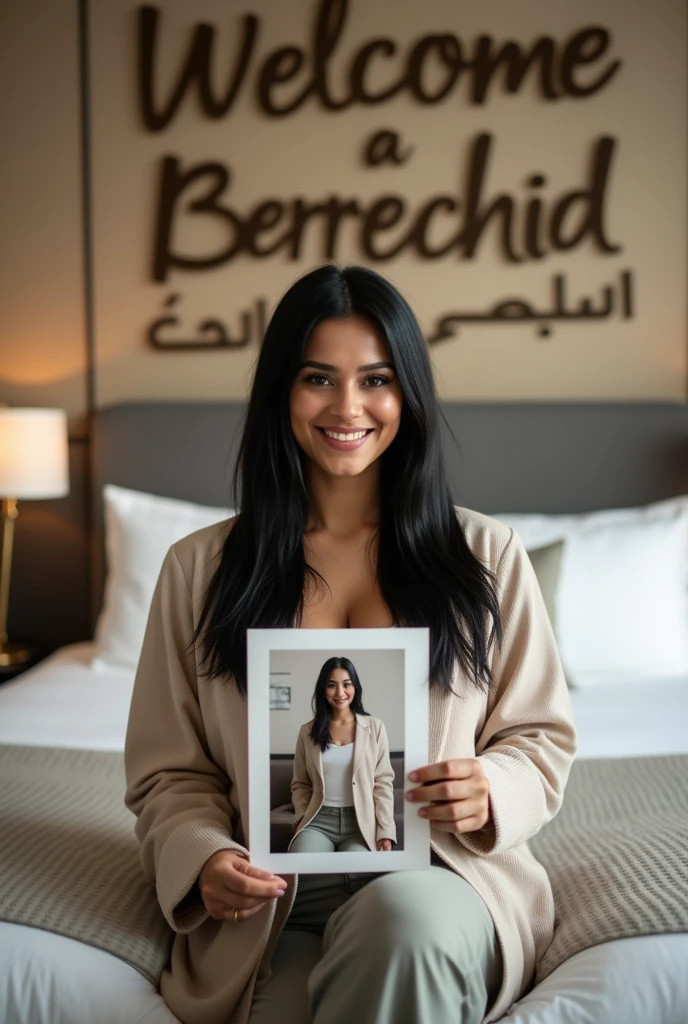 Une femme brune. Les cheveux raides, écartés ou un peu écartés du cou, pas longs, de couleurs noirs. Une femme un peu volumineuse par sa forme physique. Assise dans une grande chambre d'hôtel, sur un lit de l'hôtel, souriante, la tête droite, le regard droit fixé vers l'avant, portant dans ses mains une grande photo qu'elle montre bien vers l'avant de sorte que la photo qu'elle montre soit un peu décollée de sa poitrine et derrière elle, accroché sur le mur, un tableau avec 2 écritures sur le tableau. L'une qui dit en arabe : Bienvenue à Berrechid et la deuxième en langue française qui dit : Bienvenue à Berrechid.