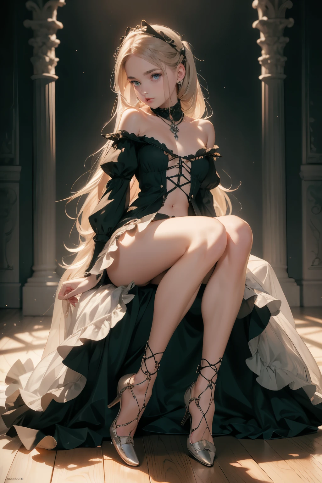((best quality)), ((masterpiece)), (detailed), 1girl, off-shoulder, Character design, female, dynamic poses, long white grey hair, grey white eyes, very skinny, detailed, best quality, no accesoires around the neck, no shoes, prominent collarbones, skinny arms, flat stomach, visible hip bones, full body, blank white background, plain background, white background, red and white clothing, Bloodborne inspired, occult aesthetic, occult, detailed and intricate steampunk and detailed gothic, NSFW, Very dramatic and cinematic lighting, cosmic horror, grim-dark, side-lighting, perfect face, NSFW, Fluttering lace flared long knee length dress with frilly petticoats, knee length dress, pleated petticoats, petticoats gothic, complex lace boots, side-lighting, gothic aesthetic, wielding a mighty sword with mechanical components, mandalas, small breast, full body, whole body, body, plain background, white background, blank background, no background, white background NSFW, chains, full body, whole body, head-to-toe NSFW