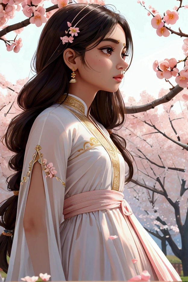Beautiful and charming Indian woman、Translucent brown skin、Half-body photo、Attractive oval face、double eyelid、Bright peach blossom eyes、Pink Lips、Small Nose、Concentrated face、profile、Looking up at the sky、Face close-up、Ultra-high resolution、Super detailed、Graceful posture、Peach orchard、god秘的、A background bathed in light、god々Shii、White dress。