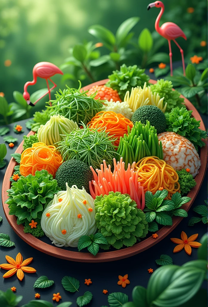 there is a close up of a plate of food with greens, with Centella asiatica, ❤🔥🍄🌪, yum, greens), orange and green power, yummy, seaweed, inspired by Masamitsu Ōta, ivy's, 🦩🪐🐞👩🏻🦳, close up of iwakura lain, vibrant foliage, convert to anime, HD 4K, ultra high, 2D