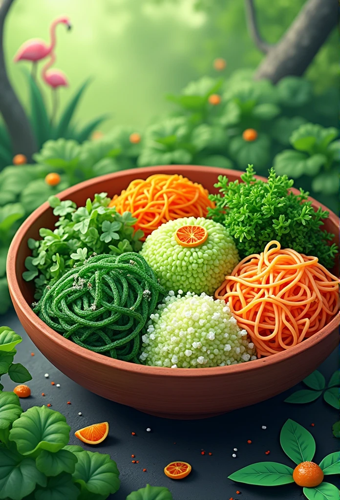 there is a close up of a plate of food with greens, with Centella asiatica, ❤🔥🍄🌪, yum, greens), orange and green power, yummy, seaweed, inspired by Masamitsu Ōta, ivy's, 🦩🪐🐞👩🏻🦳, close up of iwakura lain, vibrant foliage, convert to anime, HD 4K, ultra high, 2D
