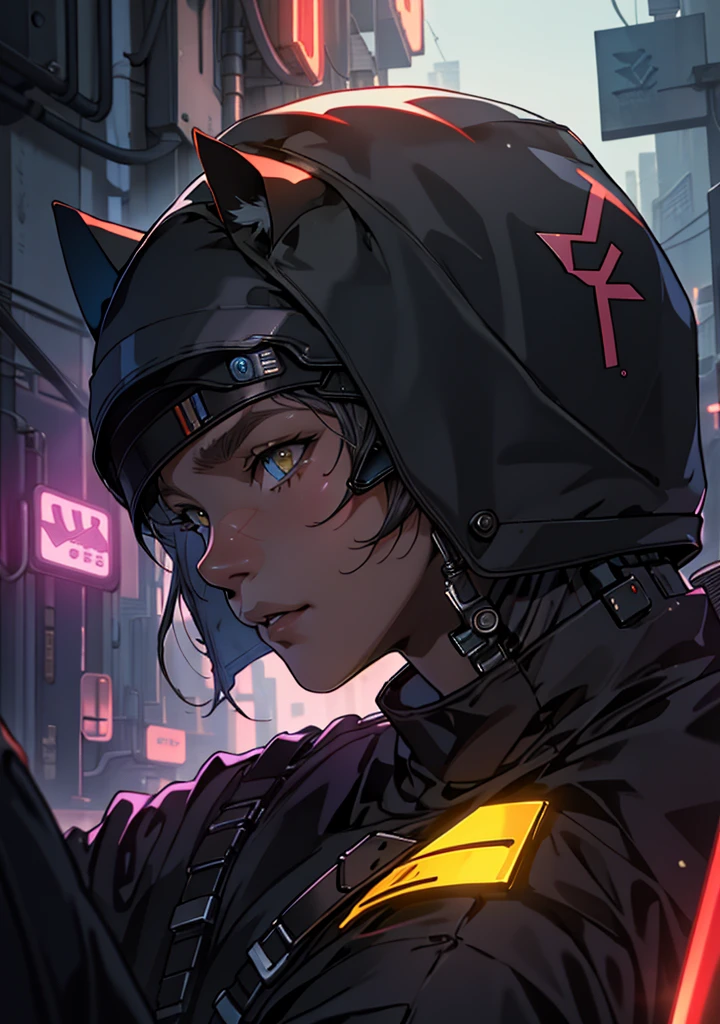 ultra detail, high resolution, ultra detailed, best quality, amazing, top quality, extremely detailed CG unity 8k wallpaper, cinematic lighting, cat fanboy, cyberpunk, dark boy
