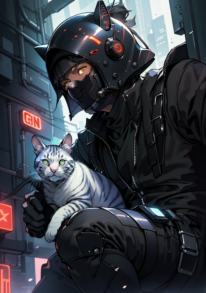 ultra detail, high resolution, ultra detailed, best quality, amazing, top quality, extremely detailed CG unity 8k wallpaper, cinematic lighting, cat fanboy, cyberpunk, dark boy