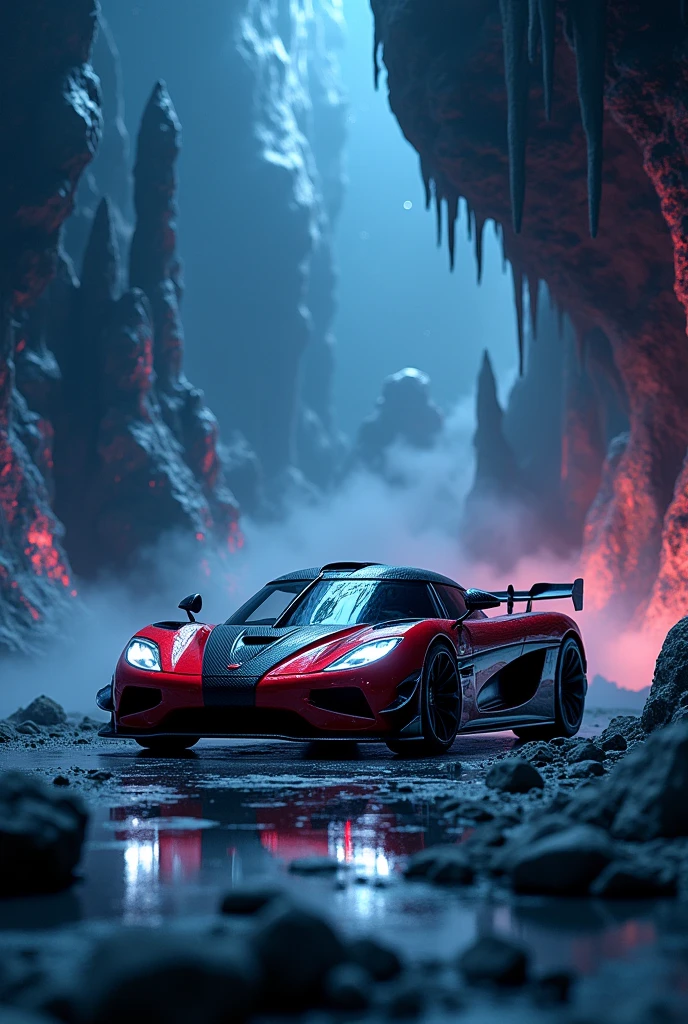 (photorealism:1.2), Red-black carbon fiber Koenigsegg CCXR Trevita, in a fantasy world, dominated by dark blue background