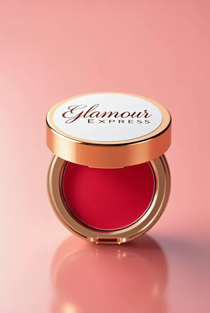 Create an image of a blush with a gold and white lid.. The base should be red and the packaging should display an elegant label with the brand name Glamour Express. Empty transparent white background