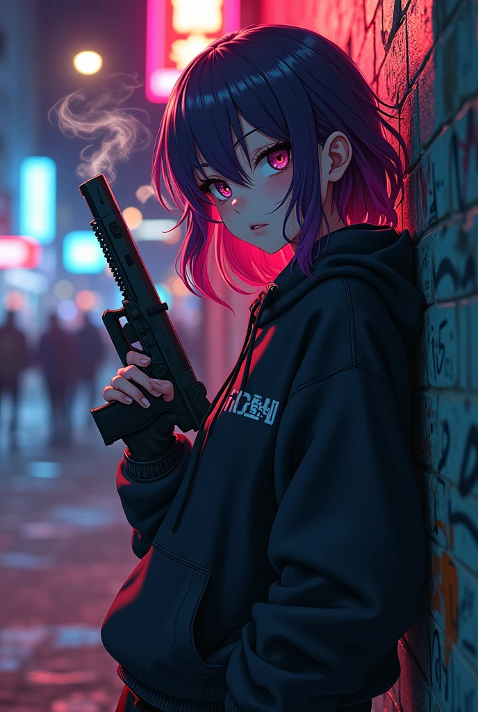Ghetto sexy anime girl gang member with a Glock and a cigarette with a hoodie and smoking maryhuana