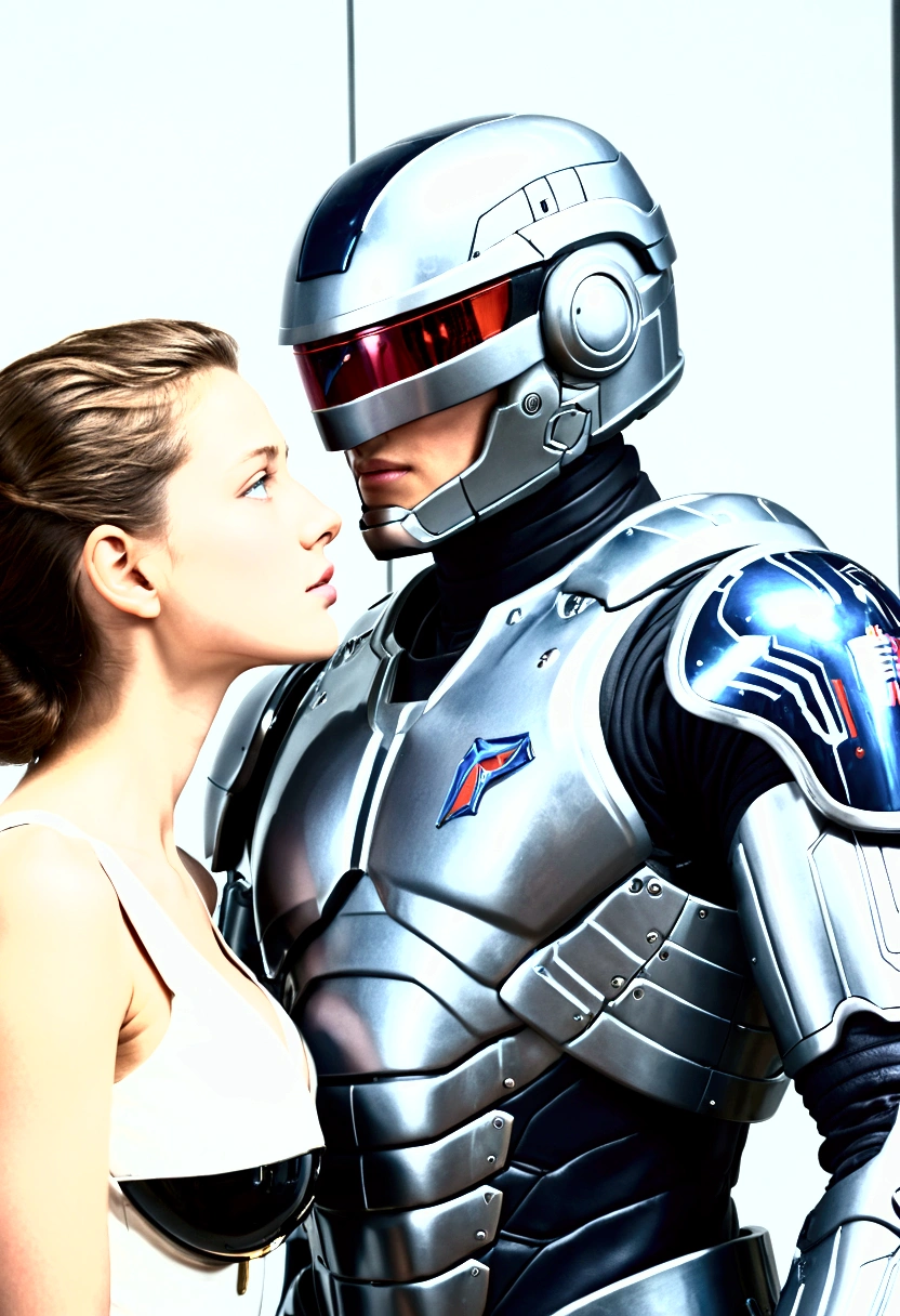 Robocop Armor, handsome and cool young boy, tall, gets slapped on the cheek by busty beauty