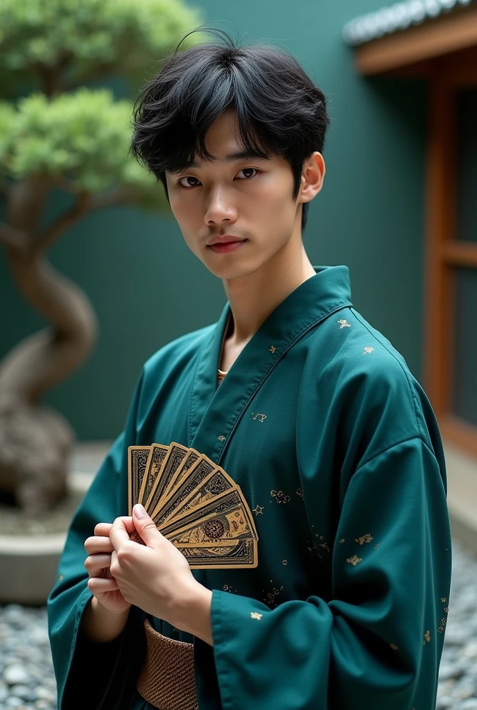 "A young Japanese male fortune teller, full body portrait. He has short to medium-length black hair, neatly styled with a slight tousled look. Wearing a modern, slim-fit kimono in dark teal with subtle geometric patterns. Alert, intense eyes and a mysterious half-smile. Holding a set of ornate tarot cards fanned out in one hand. Soft, ethereal lighting with a blend of teal and gold hues. Sleek, contemporary Japanese-inspired background featuring a minimalist rock garden and a single bonsai tree. Photorealistic style with a touch of mysticism, highlighting the interplay of light on his hair and the sheen of the kimono fabric."