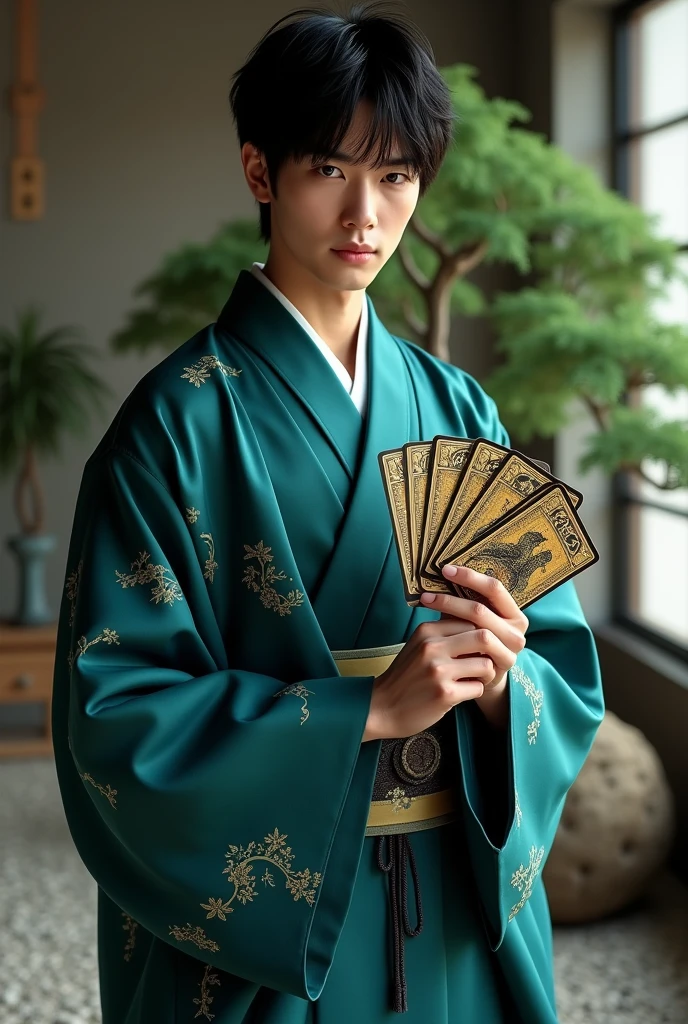 "A young Japanese male fortune teller, full body portrait. He has short to medium-length black hair, neatly styled with a slight tousled look. Wearing a modern, slim-fit kimono in dark teal with subtle geometric patterns. Alert, intense eyes and a mysterious half-smile. Holding a set of ornate tarot cards fanned out in one hand. Soft, ethereal lighting with a blend of teal and gold hues. Sleek, contemporary Japanese-inspired background featuring a minimalist rock garden and a single bonsai tree. Photorealistic style with a touch of mysticism, highlighting the interplay of light on his hair and the sheen of the kimono fabric."