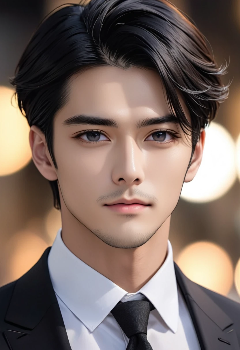 30 years old, man, 1 person, Subject Focus, black eyes, Eyes are clear and delicate, Perfect facial proportions, perfect face, perfect beauty, incredibly handsome man, black hair, suit, blurred background, 4K