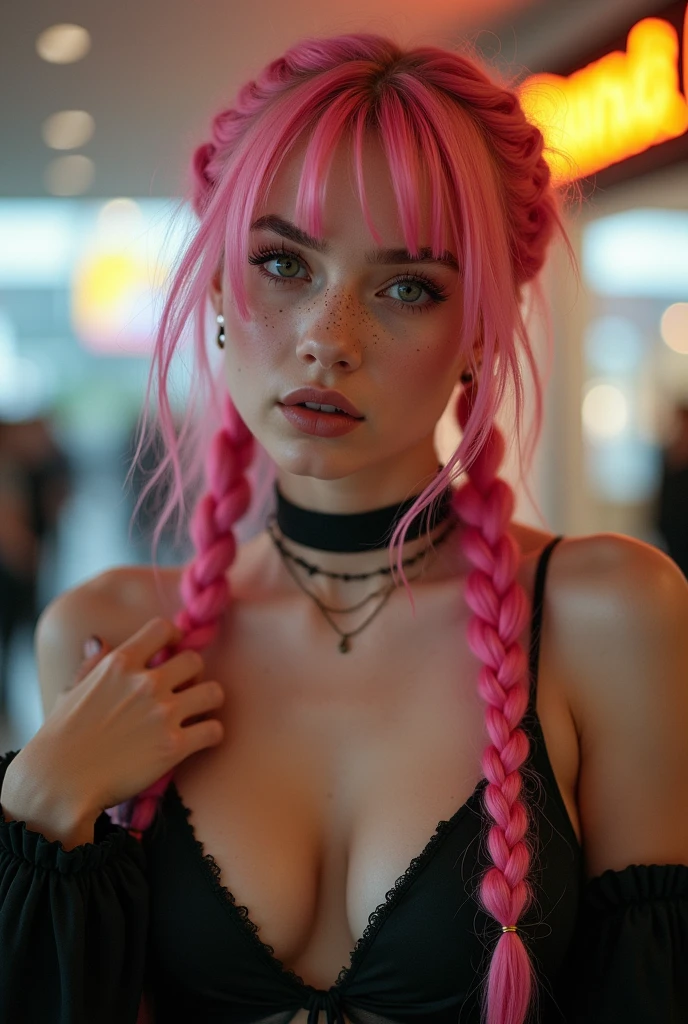 (Realisttic:1.2), og photo style, Beautiful young woman, posing, with freckles and long pink hair braided, (modern ambient atmosphere), soft natural light, cute and sexyreat quality, Masterpiece, detailed strange background, better performance, 16k quality, RAW photo, sexy cles, sexy chokeblack choker, clevage, big tits, bigs, round tits, mastits, giant , on the mallutique, luxulothes, smiling, evil smile, sadistic face, sadistic smile