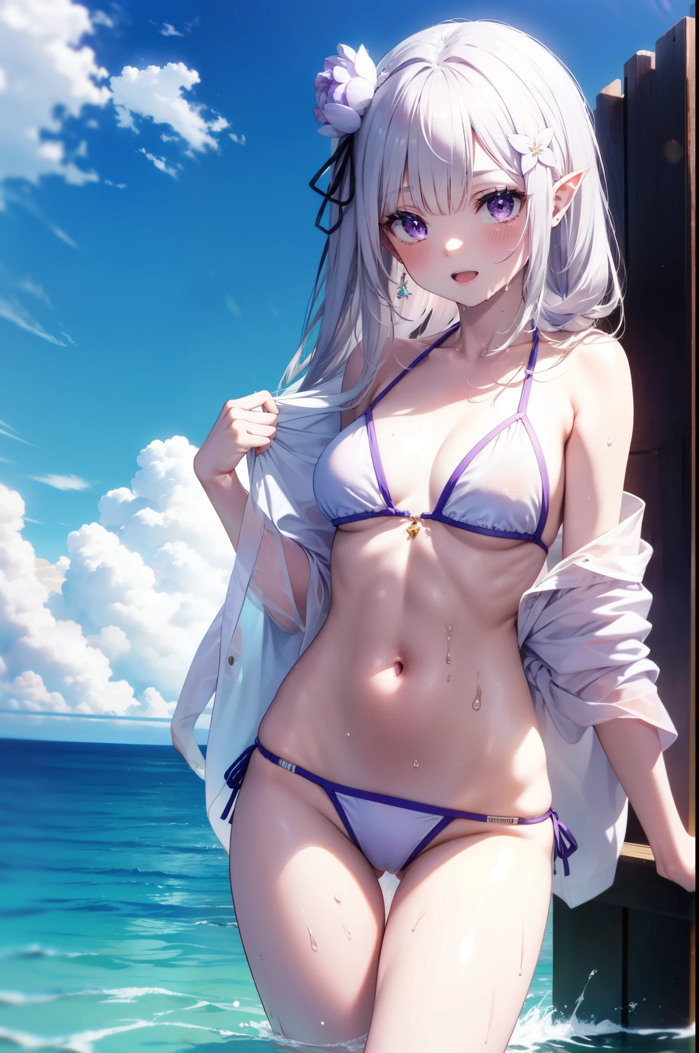 rezeroEmilia, Emilia,flower, hair flower, hair ornaments, Hair Ribbon, Long braids, (Purple eyes:1.2), Pointed Ears, white flower, x hair ornaments, smile,Open your mouth,White string bikini swimsuit,barefoot,Wet Hair,Wet Skin,Wet Hair,Water Play,Daytime,Clear skies,True Summer,whole bodyがイラストに入るように,
break outdoors, Ocean,Beach,
break looking at viewer, whole body,(Cowboy Shot:1.5),
break (masterpiece:1.2), Highest quality, High resolution, unity 8k wallpaper, (figure:0.8), (Beautiful attention to detail:1.6), Highly detailed face, Perfect lighting, Highly detailed CG, (Perfect hands, Perfect Anatomy),