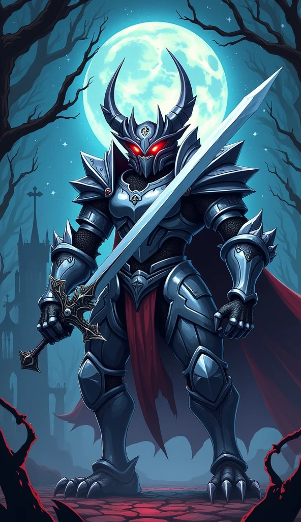 Monster Vampire, red eyes, silver armored and silver arms armored, knight sword,
Cartoon anime, 4K, HD