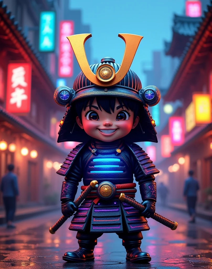 A caricature animation nijistyle cute ((samuray-japan)), mask-samuray detailed comic-book, body detail enhanced, glowing golden black blue-lavanda neon lights, smile excessive, insane pose, cityscape of tokio Mediaeval in the background, cinematic lighting, best quality, 8k, highres, masterpiece, ultra-detailed, realistic, photorealistic, photo-realistic, intricate Mediaeval details, advanced dark technology, dramatic shadows, moody color palette, aesthetics, dynamic lighting, cinematic composition