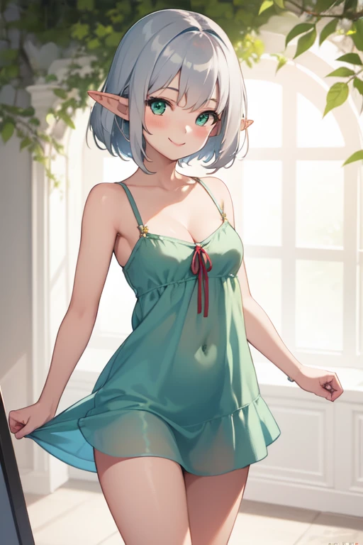 (High definition) (masterpiece) 1 girl, elf,  body, cute face, young, slender, perfect waistline, perfect legs, small breasts, in cute sundress, nice cleavage, cute green eyes, medium sized silver hair, smiling, sexy pose