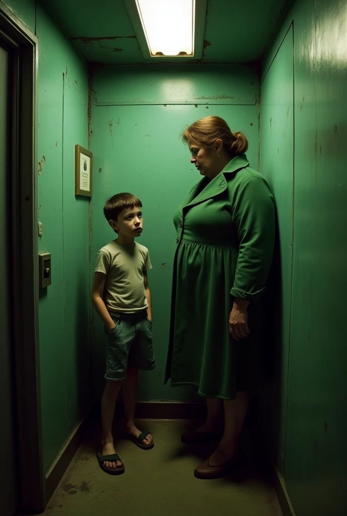 A thin 12 year old boy who is skinny weak nervous introvert and coward and a fat lady who was wearing old green coat ballooning her. Her coat brushed against the boy. The boy got squeezed. The background is elevator which has poor lighting and dirty walls it is so small as only 3 people can go once