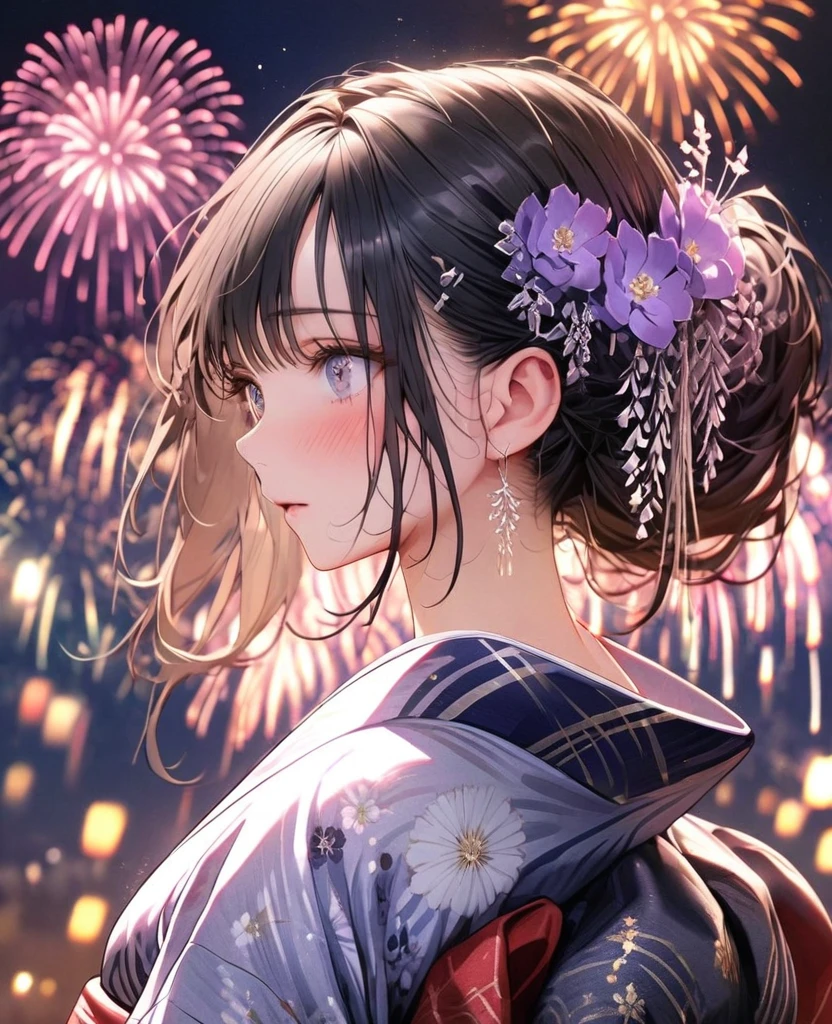8k,Ephemeral beauty,Very delicate and beautiful,Beautiful and realistic skin,Shining like a jewel,Black Hair、Long and colorful hair,Beautiful Eyes,good,Beautiful night sky、beautiful Fireworks、yukata、Shy