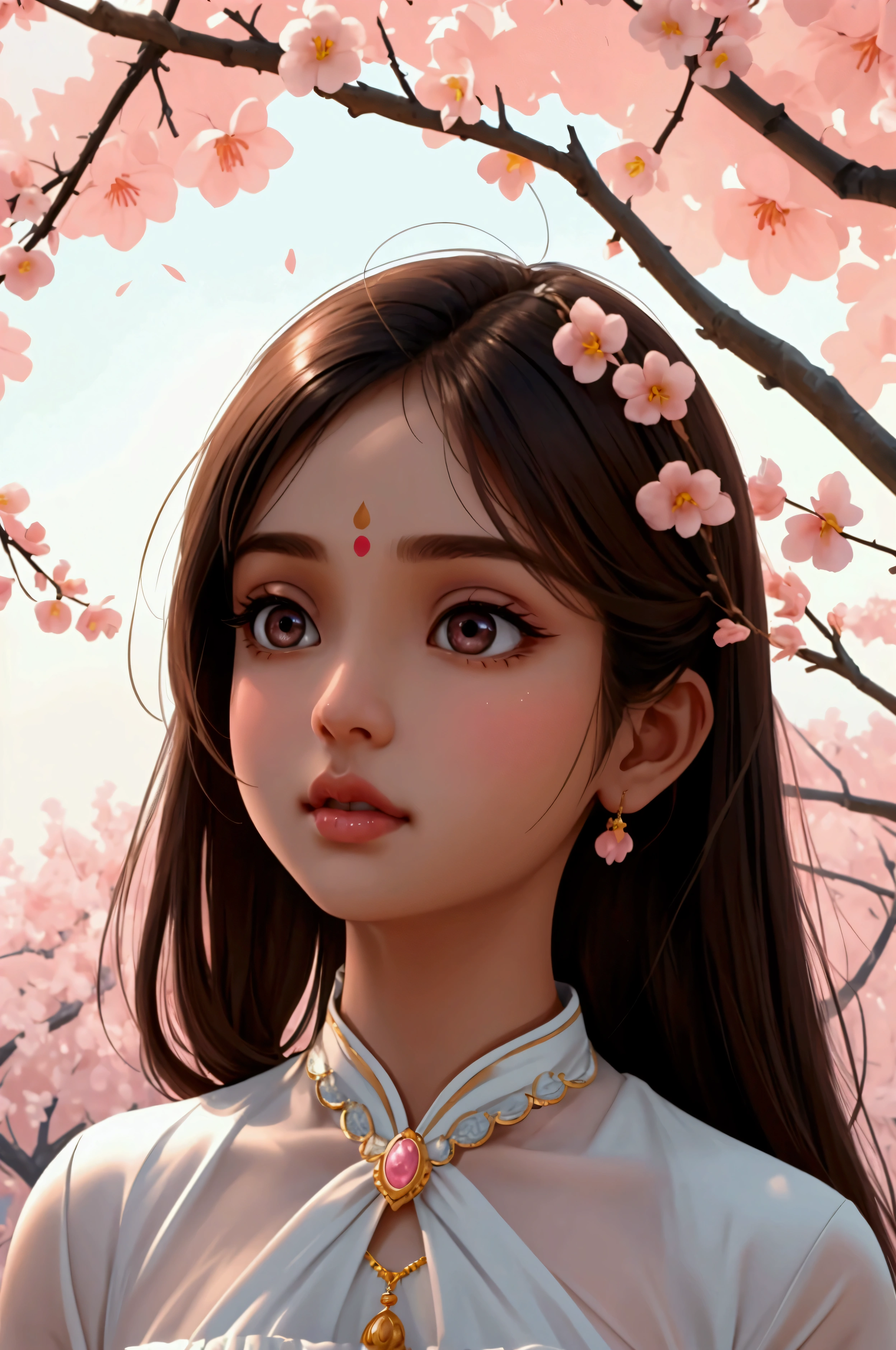 Beautiful and charming Indian woman、Translucent brown skin、Half-body photo、Attractive oval face、double eyelid、Bright peach blossom eyes、Pink Lips、Small Nose、Concentrated face、profile、Looking up at the sky、Face close-up、Ultra-high resolution、Super detailed、Graceful posture、Peach orchard、god秘的、A background bathed in light、god々Shii、White dress。