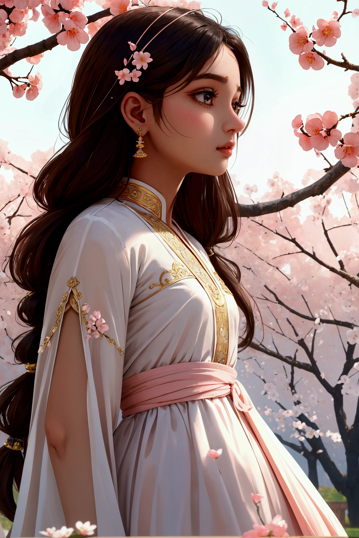 Beautiful and charming Indian woman、Translucent brown skin、Half-body photo、Attractive oval face、double eyelid、Bright peach blossom eyes、Pink Lips、Small Nose、Concentrated face、profile、Looking up at the sky、Face close-up、Ultra-high resolution、Super detailed、Graceful posture、Peach orchard、god秘的、A background bathed in light、god々Shii、White dress。