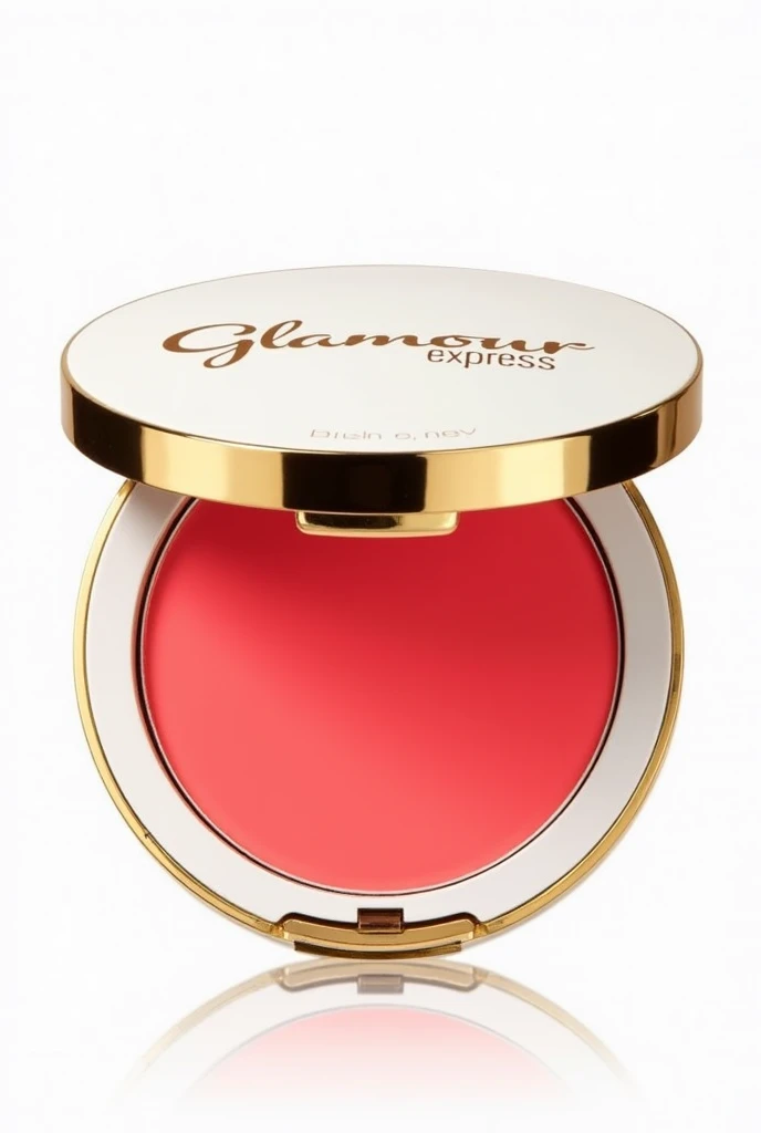 Create an image of a blush with a gold and white lid.. The base should be red and the packaging should display an elegant label with the brand name Glamour Express. Empty transparent white background