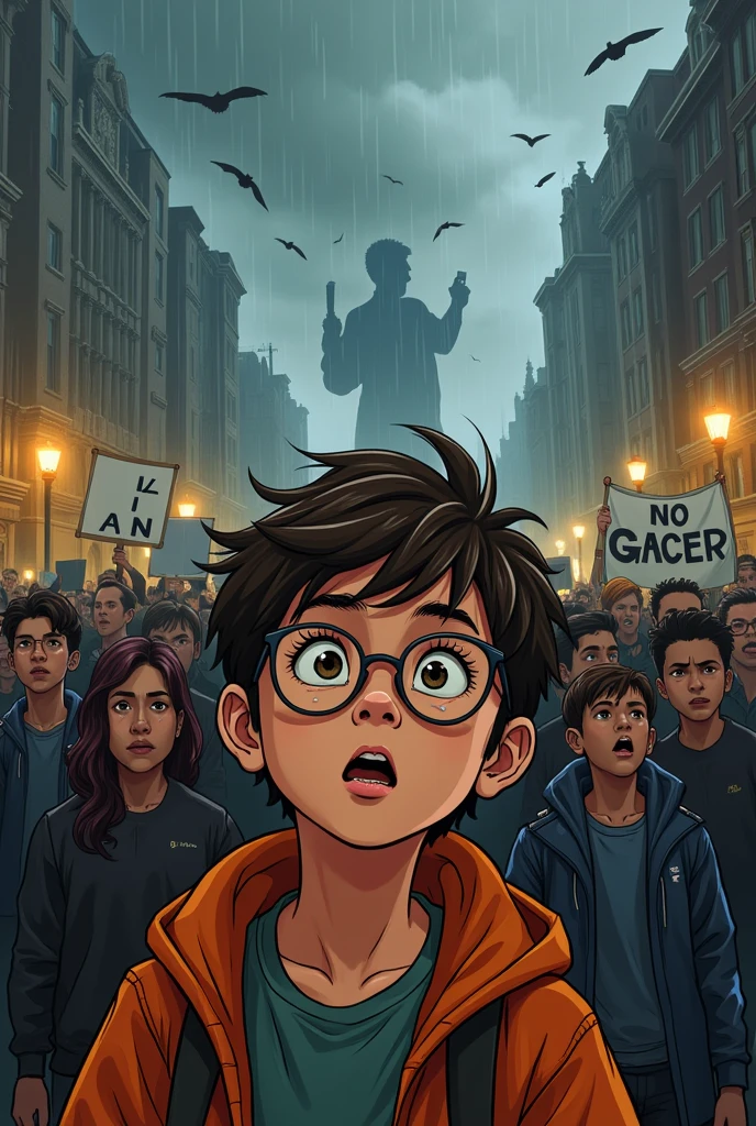 Generate a image to represent a protest where a boy wearing glasses dared to speak and got killed. 2d image