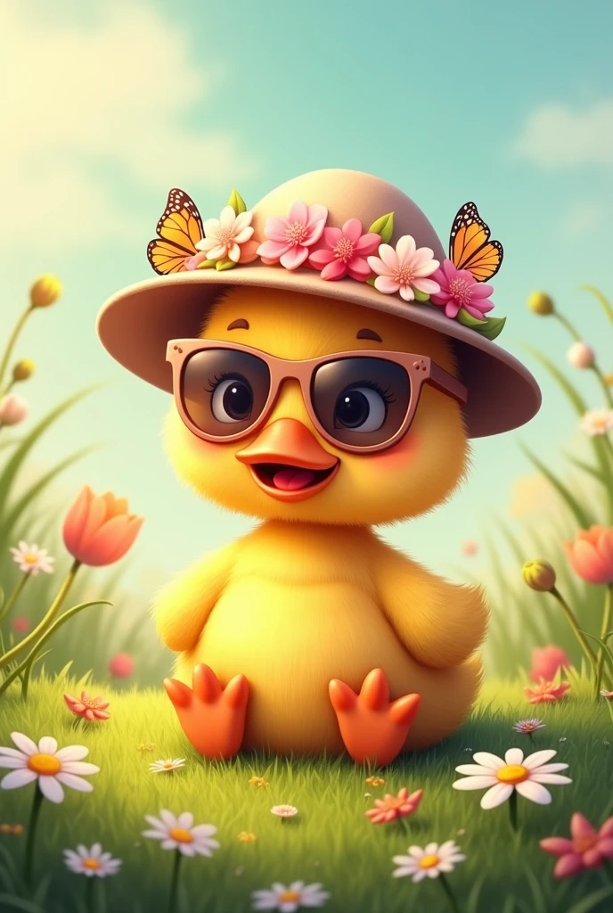Cute duck,sitting on ground into Green Grass with flowers,soft pink touch,wearing a flowers hat,cartoon,sun butterflys sunglasses