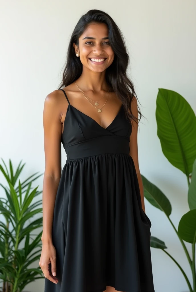 A cute 20 years old indian girl photoshoot , white background with green plants, simple pose , rough dry face skin , full body view , black dress , big boobs