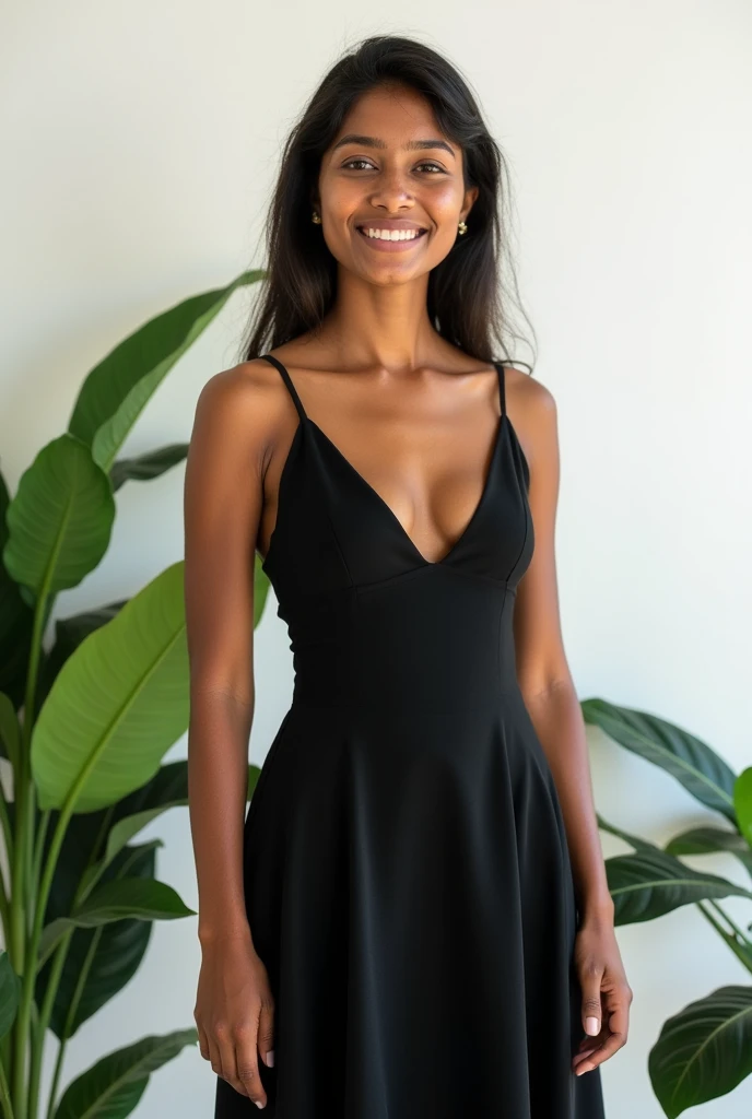 A cute 20 years old indian girl photoshoot , white background with green plants, simple pose , rough dry face skin , full body view , black dress , big