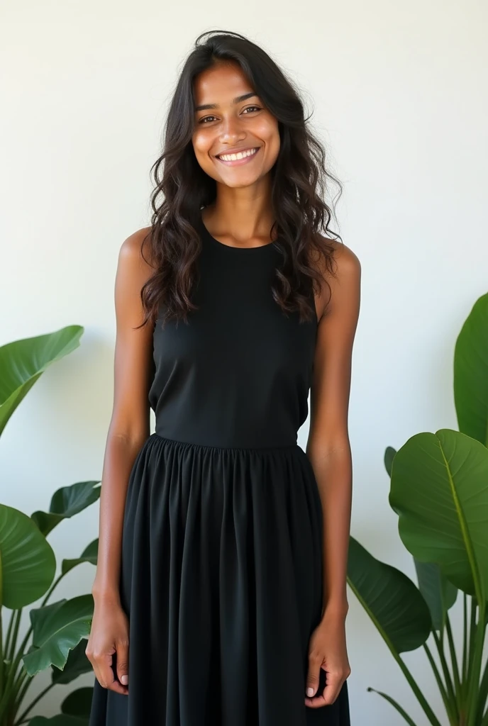 A cute 20 years old indian girl photoshoot , white background with green plants, simple pose , rough dry face skin , full body view , black dress , big boobs