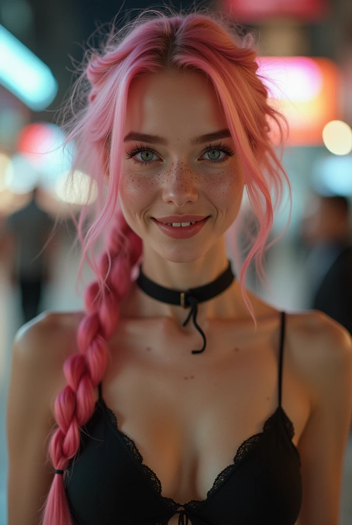 (Realisttic:1.2), analog photo style, Beautiful young woman, posing, with freckles and long pink hair braided, (modern ambient atmosphere), soft natural light, cute and sexy, great quality, Masterpiece, detailed strange background, better performance, 16k quality, RAW photo, sexy clothes, sexy choker, black choker, clevage, big tits, big fat tits, round tits, masive tits, giant tits, on the mall, boutique, luxury clothes, smiling, evil smile, bratty face, sadistic smile, bratty