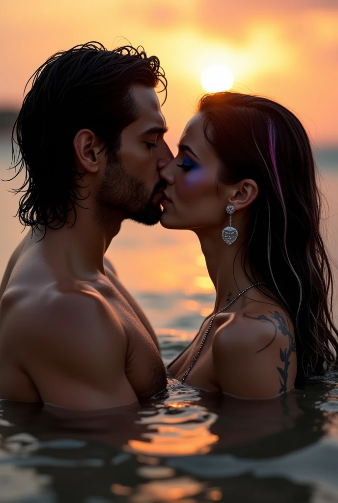 A distant view of two people kissing. A man with wet black hair, grey eyes, seductive look, full lips, tattoos y piercings besa a una mujer delicada con rostro de modelo, diamond-shaped eyes, Blue-gray, black eye shadow, seductive look, long black hair. with pink and white streaks, partition wall, earrings, tattoos, On a beach at sunset, naked in the water, making love. 