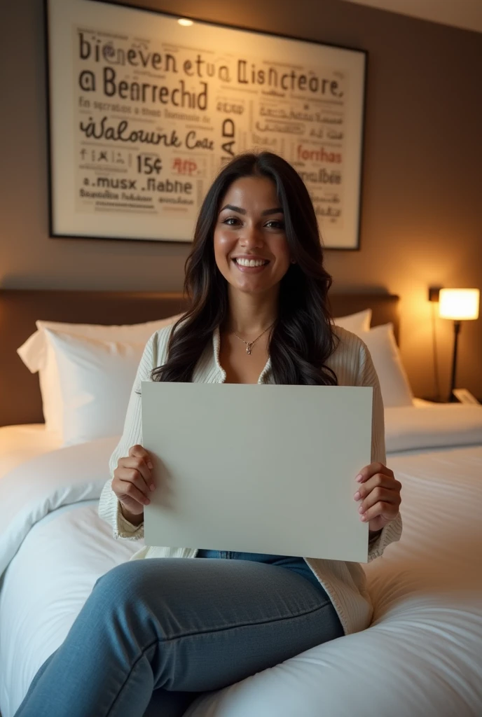Une femme brune. Les cheveux raides, écartés ou un peu écartés du cou, pas longs, de couleurs noirs. Une femme un peu volumineuse par sa forme physique. Assise dans une grande chambre d'hôtel, sur un lit de l'hôtel, souriante, la tête droite, le regard droit fixé vers l'avant, portant dans ses mains une grande photo qu'elle montre bien vers l'avant de sorte que la photo qu'elle montre soit un peu décollée de sa poitrine et derrière elle, accroché sur le mur, un tableau avec 2 écritures sur le tableau. L'une qui dit en arabe : Bienvenue à Berrechid et la deuxième en langue française qui dit : Bienvenue à Berrechid.