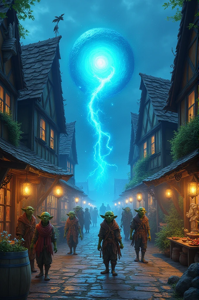 Medieval village, ruled by goblins, with a blue portal in the center of the city