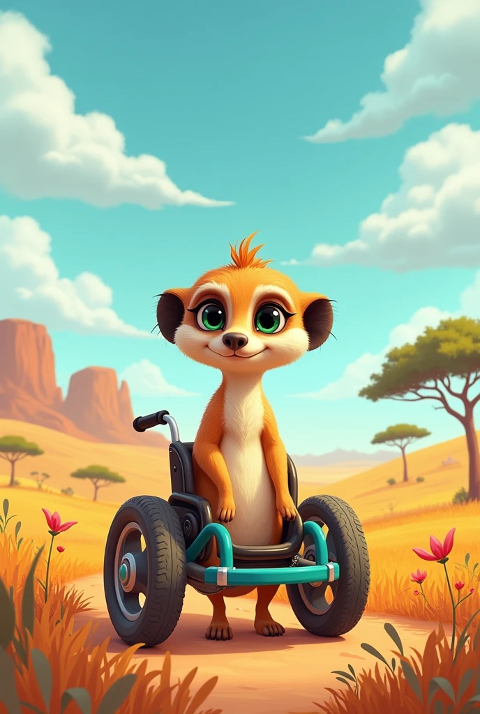 Cartoon adventerous female meerkat with cerebral palsy in a wheelchair