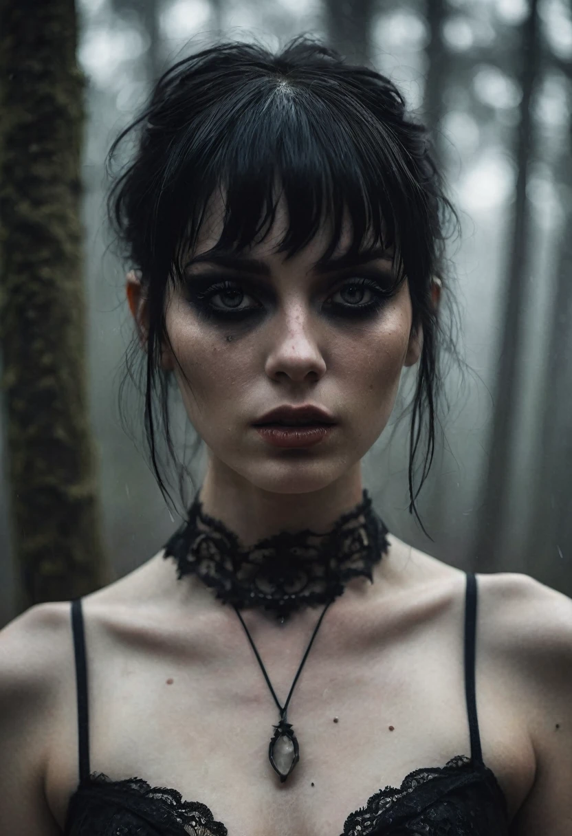 (Best Quality,hight resolution,Masterpiece, half body shot:1.2),Ultra-detailed, close up of a woman in a creepy forest, she's wearing a black g-string thong and a black bra, black metal make-up, pale white skin, tattoes, creepy make-up, foggy and cold atmosphere, dripping make-up, wet ambient, esoteric tattoes, tattoed neck, cold atmosphere, horror aesthetic, gothic aesthetic, high waisted g.string thong, seen frontally, centered subject,gloomy ,fetish,dark gloomy atmosphere, creepy atmosphere, gritty texture,Retro-atmosphere,warped reality,melancholic expression on his face,mysterious aura,foggy atmosphere,foggy background,Subtle color palette,provocative pose,Strong emotions,Coming Out of the Depths of Despair,Piercing gaze,intense shadows,Plunged in Darkness,dark industrial aesthetic,ominous vibe,A supernatural sensation,Loss of Place in Time and Space,Eerie silence.asymmetrical bangs, freckles, black short hair, Bangs, freckles, gray eyes,