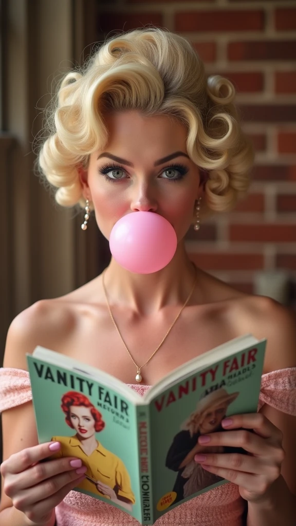 An appropriate prompt to create this image would be:.
A retro styled woman reading VANITY FAIR Magazine. She has beautiful make-up with blonde hair roll curlers and a pink bubblegum puffy expression. The brick wall background gives it an antique feel.