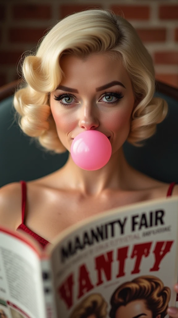 An appropriate prompt to create this image would be:.
A retro styled woman reading VANITY FAIR Magazine. She has beautiful make-up with blonde hair roll curlers and a pink bubblegum puffy expression. The brick wall background gives it an antique feel.