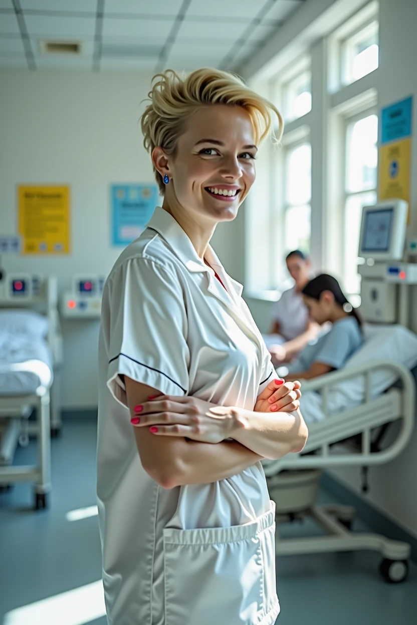 infirmiere adolescente cheveux courts blonds uniforme chambre hopital