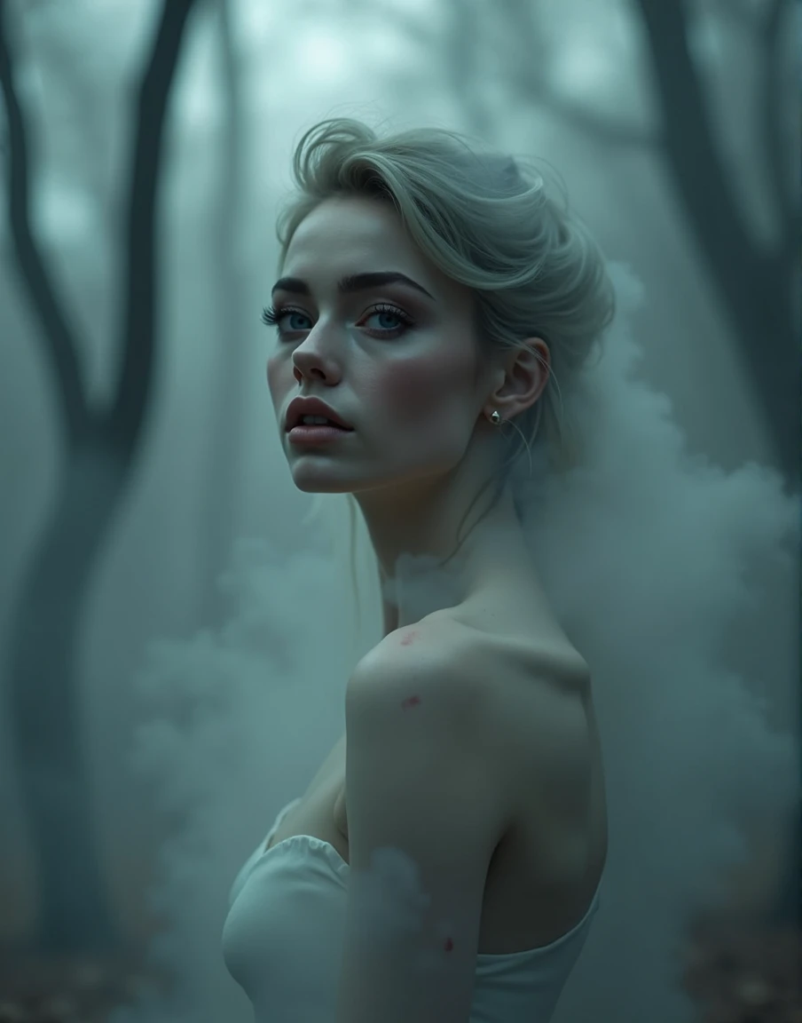 a beautiful woman with perfect and detailed eyes, beautiful detailed lips, extremely detailed eyes and face, long eyelashes, intricate facial features, Porcelain skin, elegant expression, Mysterious look, cinematic lighting, high quality 3d rendering, photorealistic, hyperdetailed, masterpiece, Digital art, Conceptual art,Generate a full body image of a sexy girl in underwear, with the body composed of a dense fog. The fog should be thick and detailed, forming the curves of the body in a mysterious and suggestive way. The face must be visible, but the rest of the body must appear ethereal and nebulous, merging with the environment in a soft and elegant way. The background must be a dark forest, with dark trees and an eerie atmosphere. The image must have a very deep depth of field, making the girl in the foreground stand out clearly against the blurry forest background