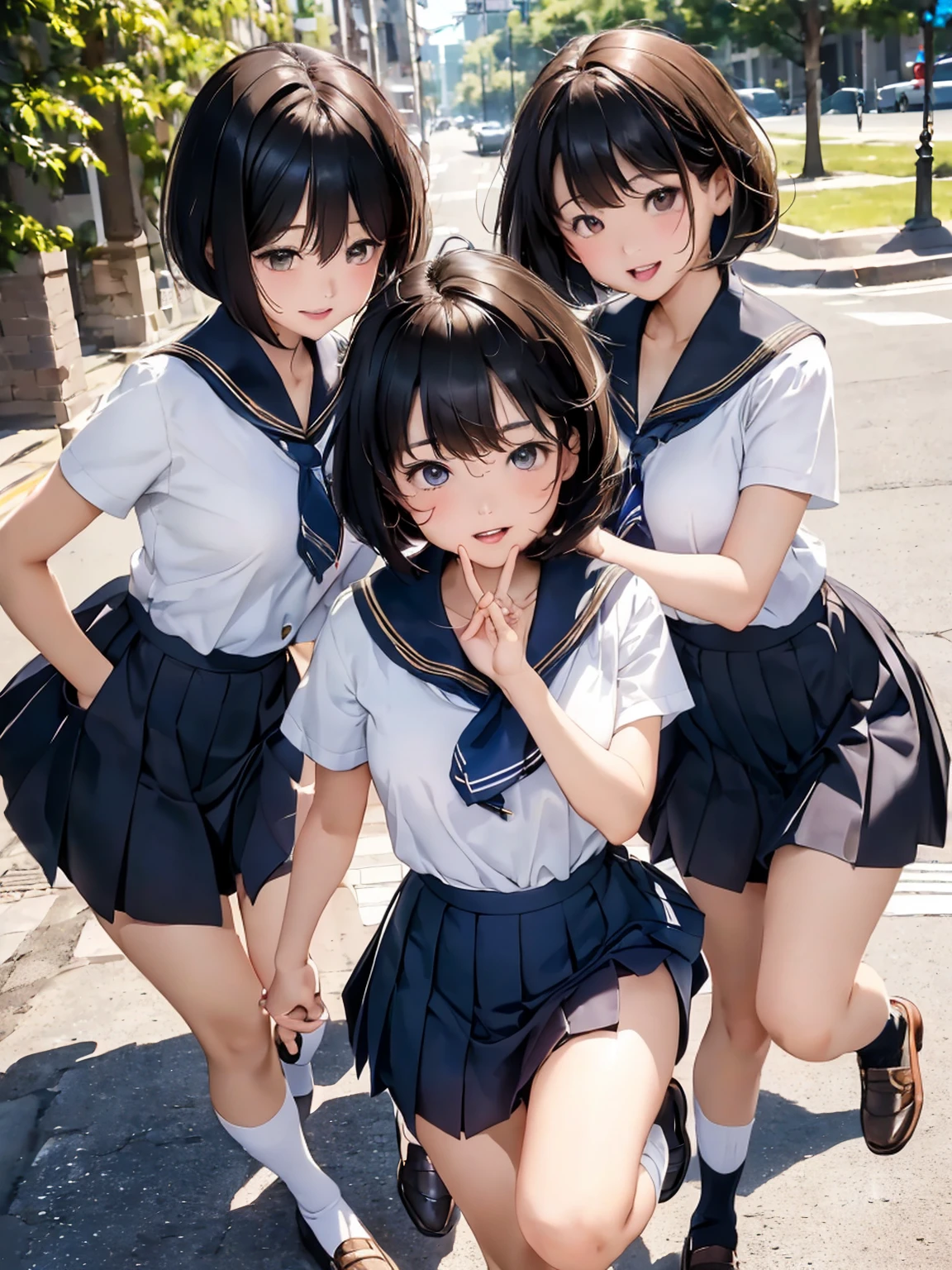 Browsing Caution,​(Highest quality, 8k, masterpiece:1.3,beautiful girl), (Very detailed)Glowing Skin,(((Woman 1))),((Short sleeve, cute navy sailor suit, Navy Pleated Skirt, Navy sailor collar, Blue Sailor Scarf, socks, Brown Loafers)), (Perfect Anatomy, Anatomically correct, Very detailed肌),((Golden Eyes)),((Perfect Fingers,Five Fingers)),((Black Hair,Bobcut,)),Natural Makeup,Smile in full bloom、cheeks turn a little red,morning、Tree-lined street、front、She's running、Focus Only、Hairpin wearing、Mole in the eye