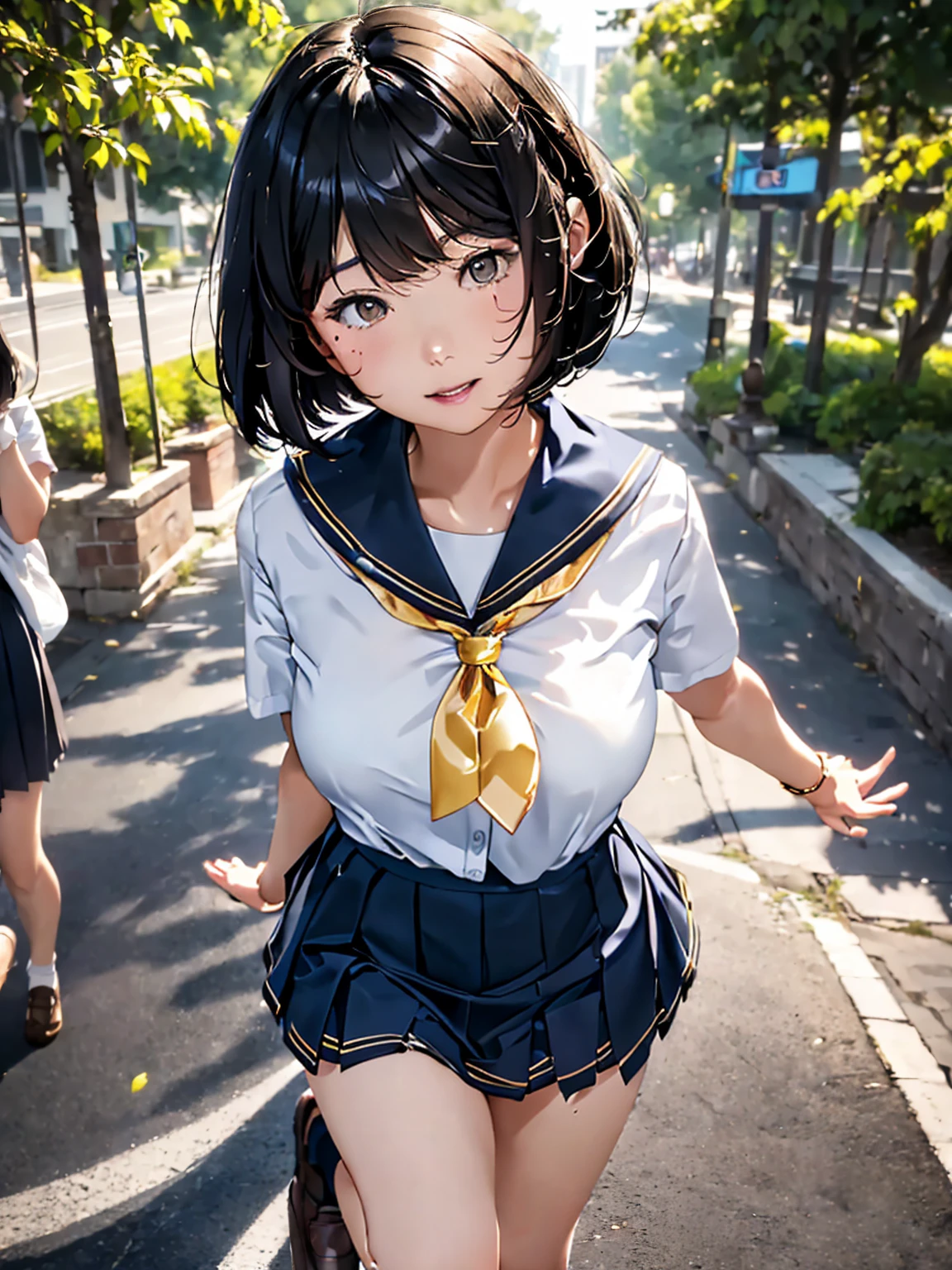 Browsing Caution,(Highest quality, 8k, masterpiece:1.3,beautiful girl), (Very detailed)Glowing Skin,(((Woman 1))),((Short sleeve, cute navy sailor suit, Navy Pleated Skirt, Navy sailor collar, Blue Sailor Scarf, socks, Brown Loafers)), (Perfect Anatomy, Anatomically correct, Very detailed肌),((Golden Eyes)),((Perfect Fingers,Five Fingers)),((Black Hair,Bobcut,)),Natural Makeup,Smile in full bloom、cheeks turn a little red,morning、Tree-lined street、front、She's running、Focus Only、Hairpin wearing、Mole in the eye